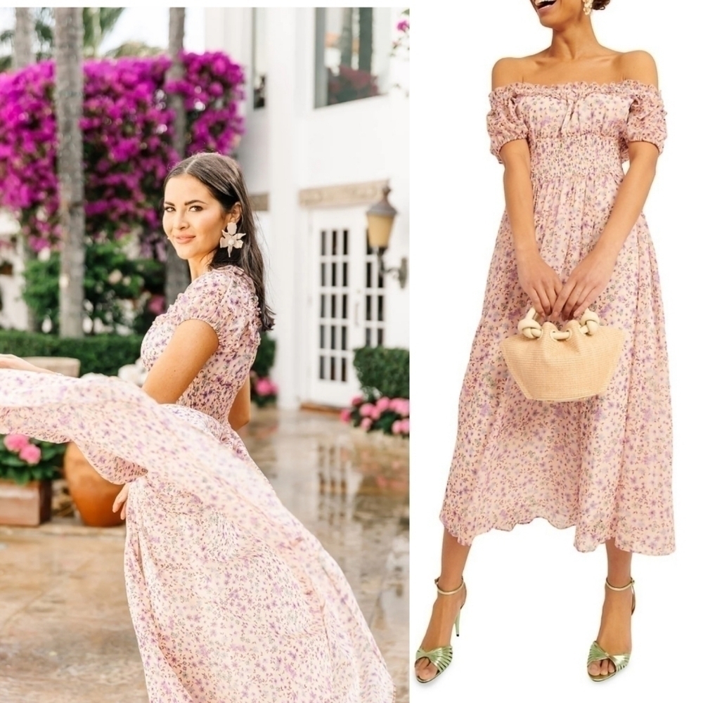 Rachel Parcell Off-The-Shoulder Chiffon Smocked Watercolor Midi Dress New 2/XS